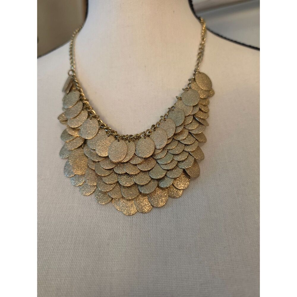 Gold Tone Fish Scale Bib Necklace Textured Disc Statement Adjustable Boho